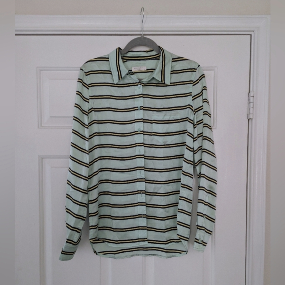 Equipment 100% Silk Button Down Blouse, Green With Navy & Yellow Stripes…